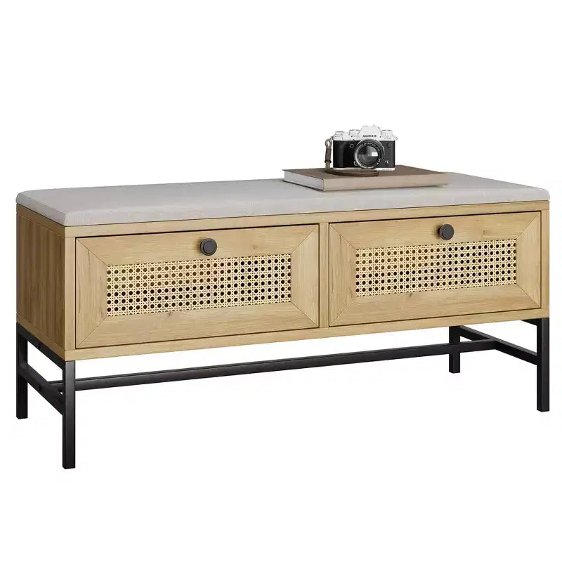 Shoe Bench Entryway - Farmhouse Rattan Bench with 2 Storage Drawers, Washable Cushion & Steel Frame, 330 Lbs Capacity Space