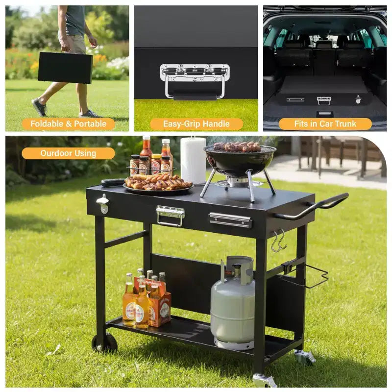 ROVSUN Outdoor Grill Table Cart, Foldable Grill Cart with Wheels, Rolling Table for Ninja, Blackstone Griddle, Pizza Oven Stand, Food Prep Table