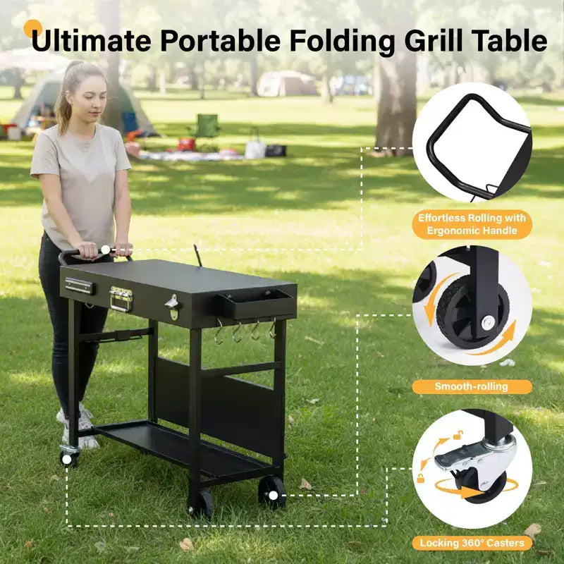 ROVSUN Outdoor Grill Table Cart, Foldable Grill Cart with Wheels, Rolling Table for Ninja, Blackstone Griddle, Pizza Oven Stand, Food Prep Table