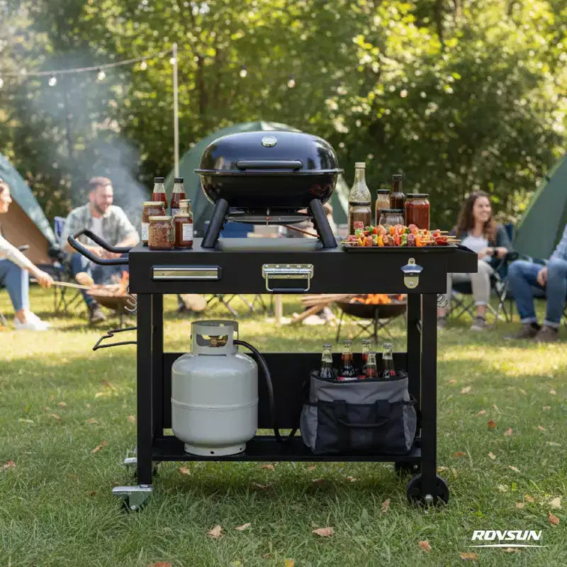 ROVSUN Outdoor Grill Table Cart, Foldable Grill Cart with Wheels, Rolling Table for Ninja, Blackstone Griddle, Pizza Oven Stand, Food Prep Table