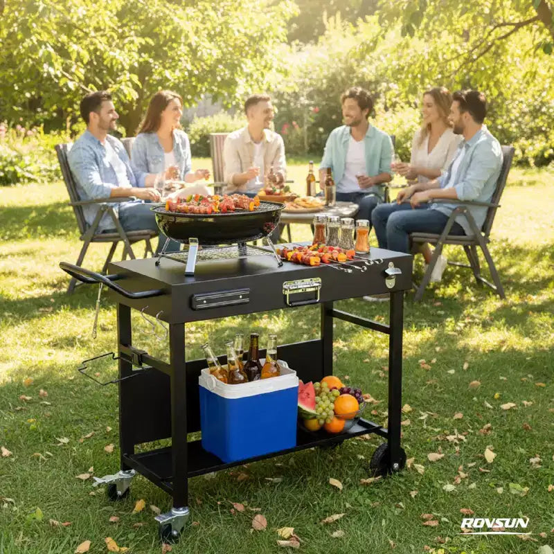 ROVSUN Outdoor Grill Table Cart, Foldable Grill Cart with Wheels, Rolling Table for Ninja, Blackstone Griddle, Pizza Oven Stand, Food Prep Table