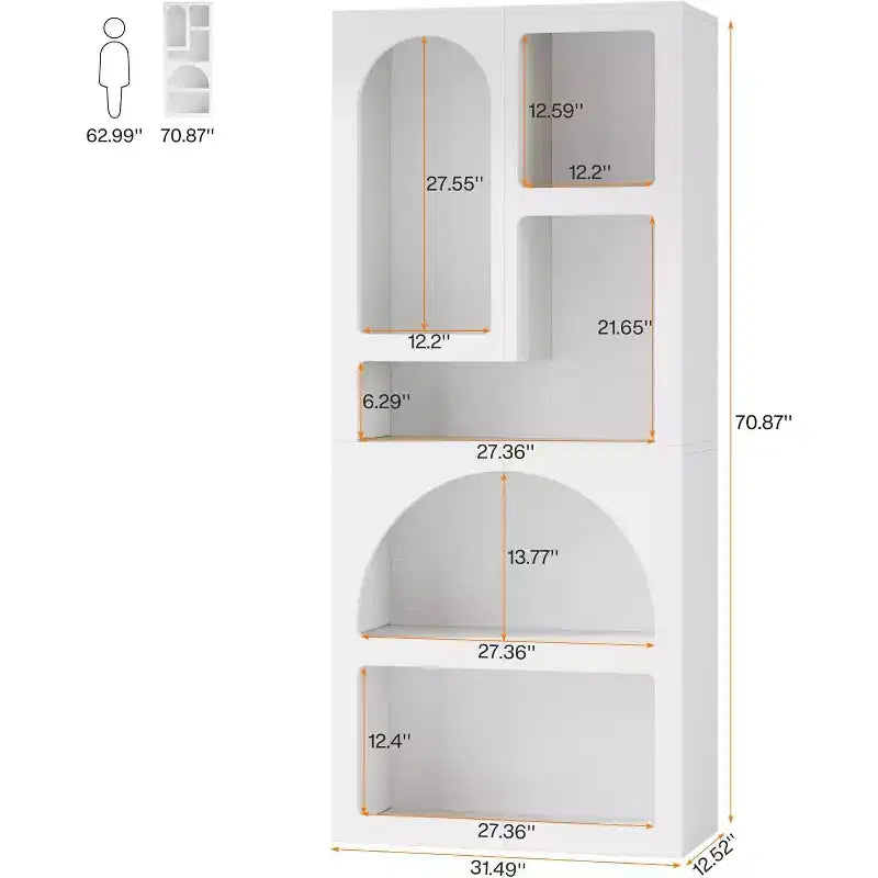 Lantine 70.87-Inch Tall Geometric Bookshelf, White Arched Bookcase with 5 Irregular Storage Shelves for Living Room, Bedroom, Closet