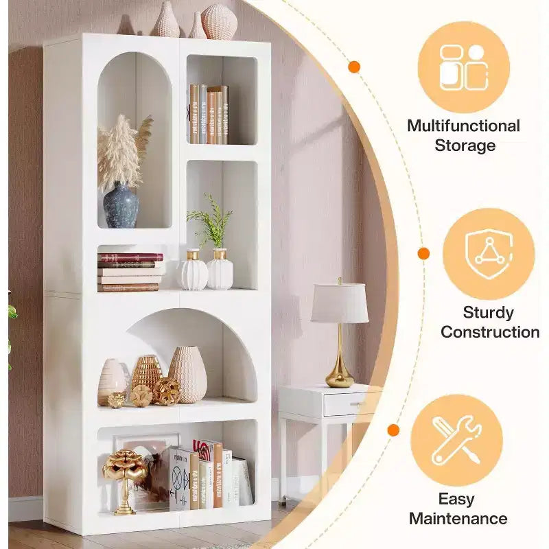 Lantine 70.87-Inch Tall Geometric Bookshelf, White Arched Bookcase with 5 Irregular Storage Shelves for Living Room, Bedroom, Closet