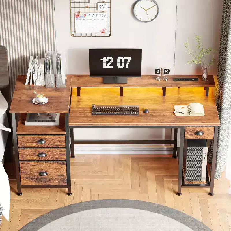 BALHAM TRADE-60 Inch Computer Desk with File Cabinet LED Lights Full Monitor Stand Power Outlets 4 Drawers