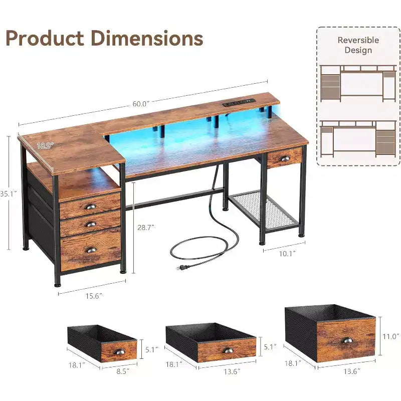 BALHAM TRADE-60 Inch Computer Desk with File Cabinet LED Lights Full Monitor Stand Power Outlets 4 Drawers