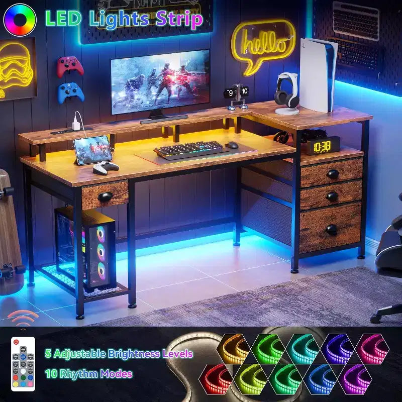 BALHAM TRADE-60 Inch Computer Desk with File Cabinet LED Lights Full Monitor Stand Power Outlets 4 Drawers
