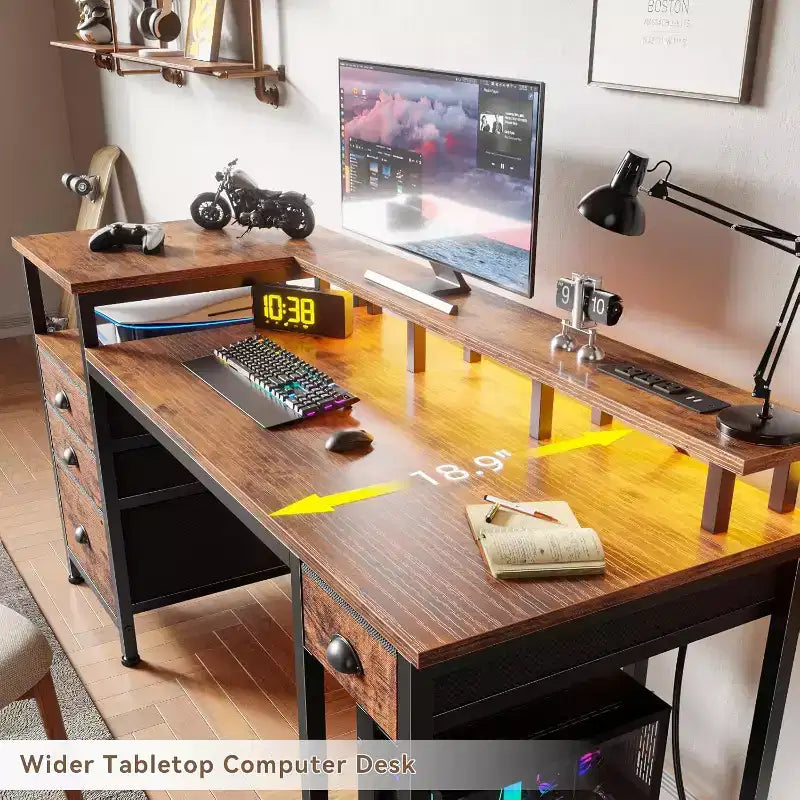 BALHAM TRADE-60 Inch Computer Desk with File Cabinet LED Lights Full Monitor Stand Power Outlets 4 Drawers