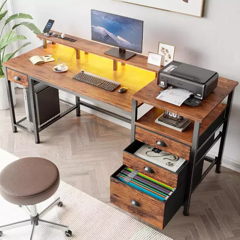 BALHAM TRADE-60 Inch Computer Desk with File Cabinet LED Lights Full Monitor Stand Power Outlets 4 Drawers
