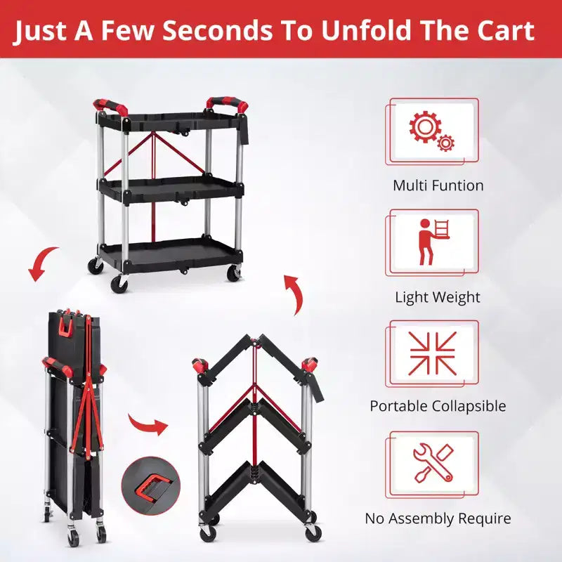 Collapsible 3-Tier Utility Cart with Lockable 360 Swivel Wheels, Heavy Duty 165 lbs Capacity, for Office, Garage, Workshop, Kitchen, Warehouse