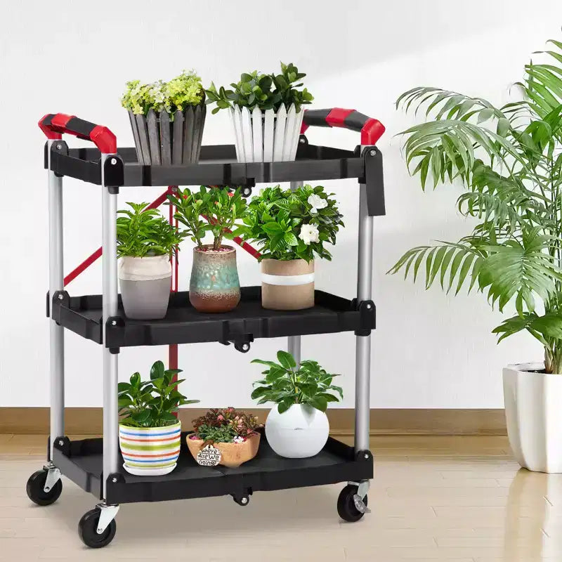 Collapsible 3-Tier Utility Cart with Lockable 360 Swivel Wheels, Heavy Duty 165 lbs Capacity, for Office, Garage, Workshop, Kitchen, Warehouse