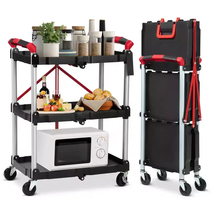 Collapsible 3-Tier Utility Cart with Lockable 360 Swivel Wheels, Heavy Duty 165 lbs Capacity, for Office, Garage, Workshop, Kitchen, Warehouse