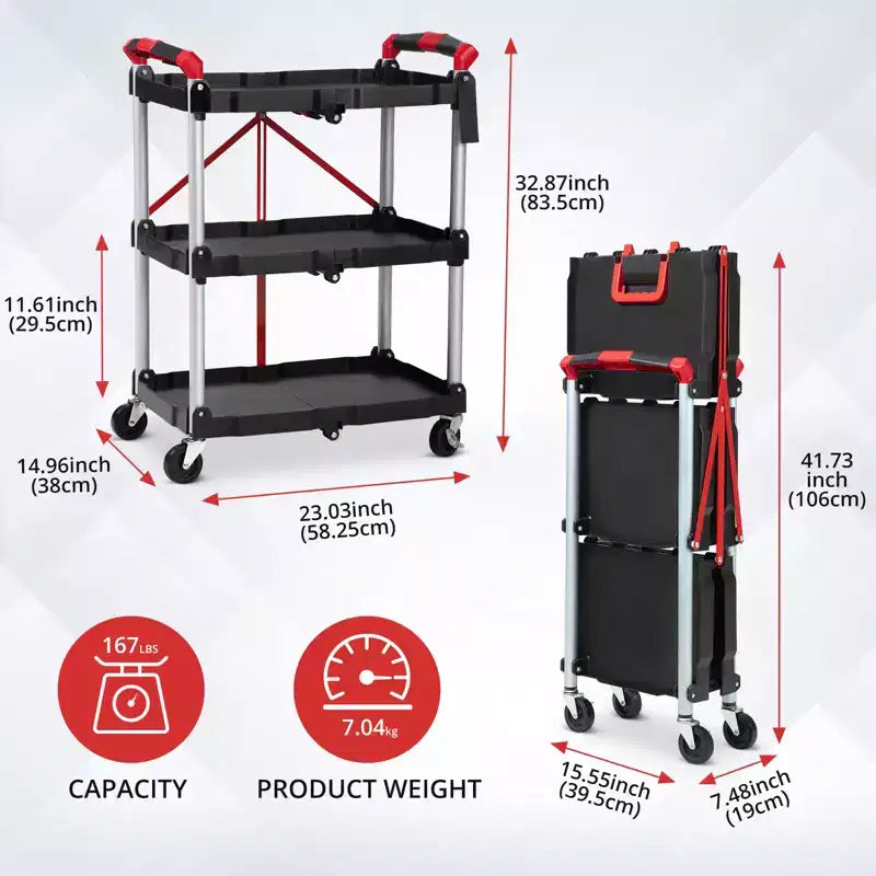 Collapsible 3-Tier Utility Cart with Lockable 360 Swivel Wheels, Heavy Duty 165 lbs Capacity, for Office, Garage, Workshop, Kitchen, Warehouse