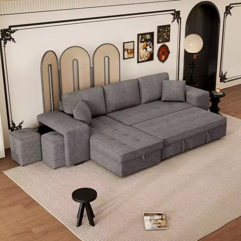 104.5 Modern L-Shape 3 Seat Reversible Sectional Couch Pull Out Sleeper Sofa with Storage Chaise and 2 Stools for Living Room Furniture Set