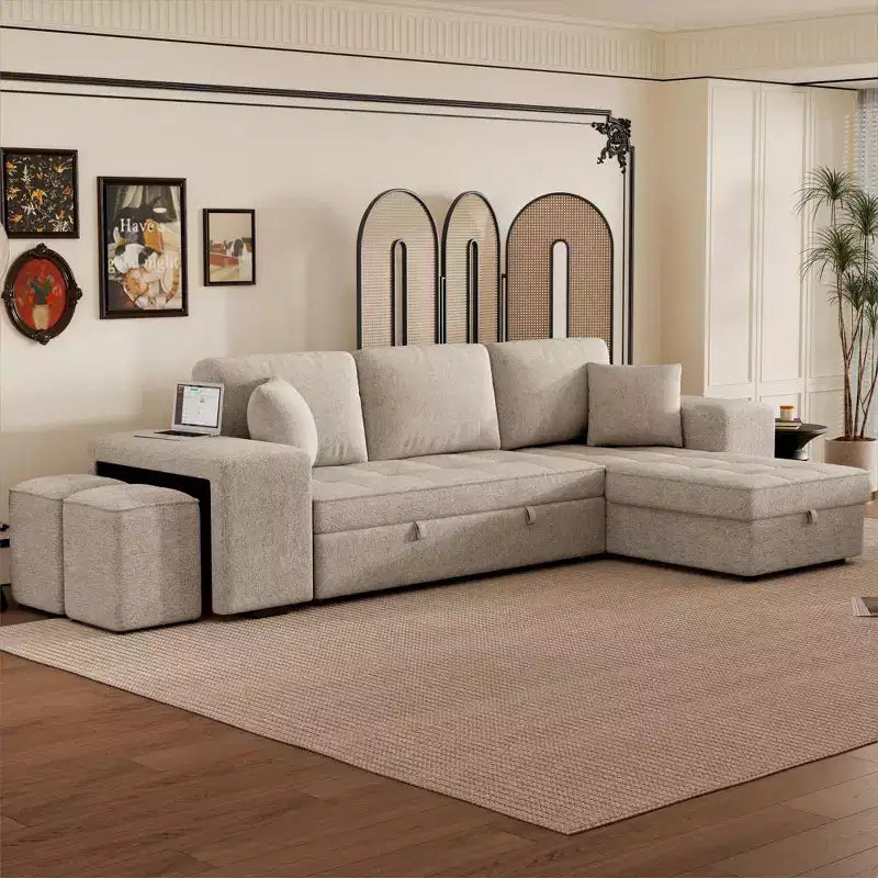 104.5 Modern L-Shape 3 Seat Reversible Sectional Couch Pull Out Sleeper Sofa with Storage Chaise and 2 Stools for Living Room Furniture Set