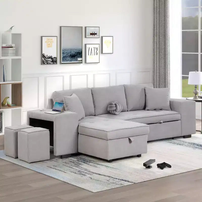 104.5 Modern L-Shape 3 Seat Reversible Sectional Couch Pull Out Sleeper Sofa with Storage Chaise and 2 Stools for Living Room Furniture Set