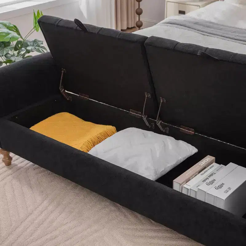 GDFStudio Changmin Modern Wooden Upholstered Storage Bench with Double Lids and Rolled Armrest