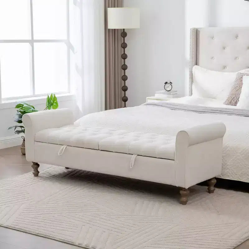 GDFStudio Changmin Modern Wooden Upholstered Storage Bench with Double Lids and Rolled Armrest
