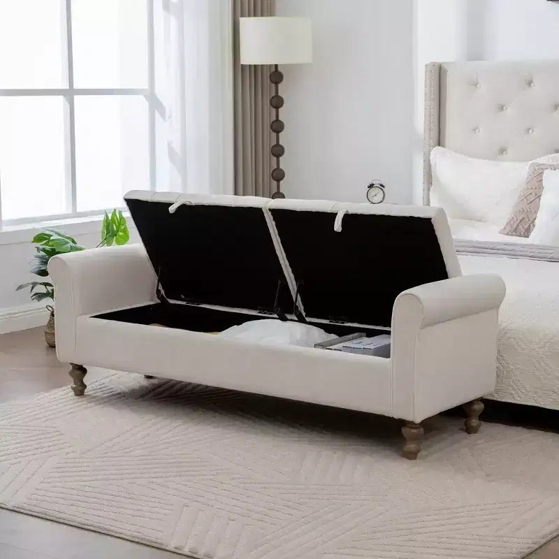GDFStudio Changmin Modern Wooden Upholstered Storage Bench with Double Lids and Rolled Armrest