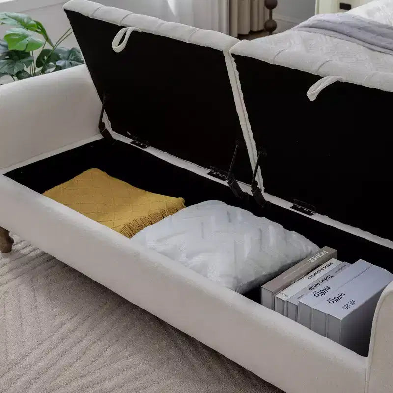 GDFStudio Changmin Modern Wooden Upholstered Storage Bench with Double Lids and Rolled Armrest