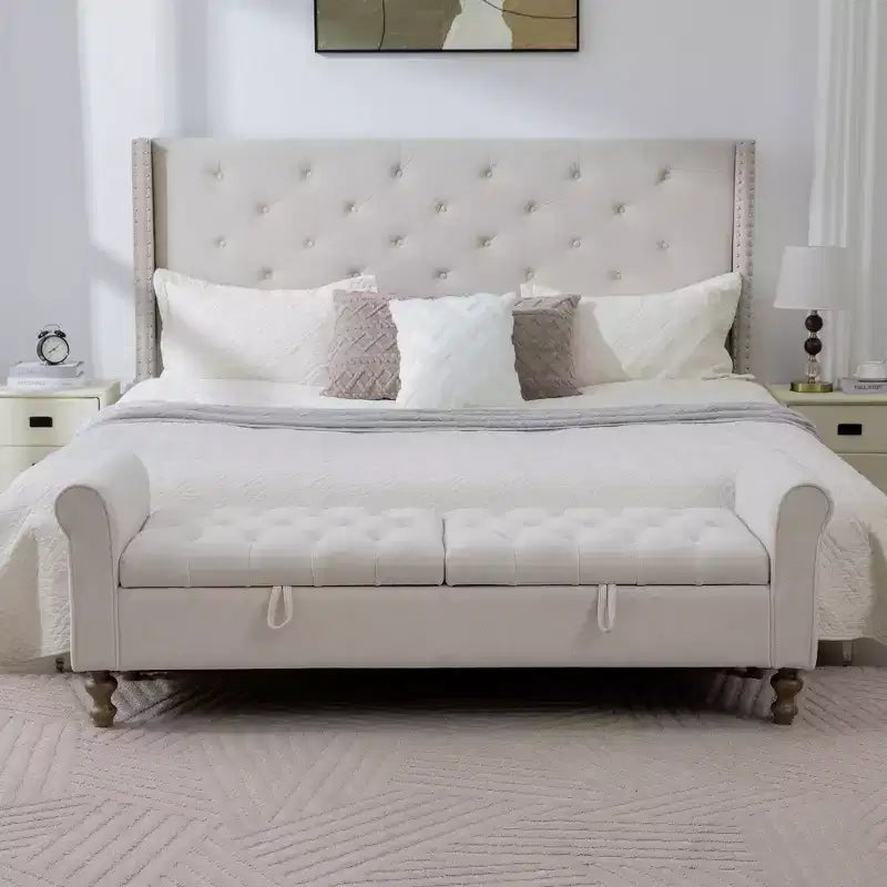 GDFStudio Changmin Modern Wooden Upholstered Storage Bench with Double Lids and Rolled Armrest