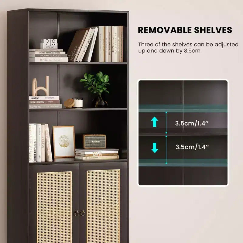 MAYEERTY Tall 5-Tier Bookcase with Rattan Doors, Wood Storage Shelves for Library Living Room Bedroom Home Office
