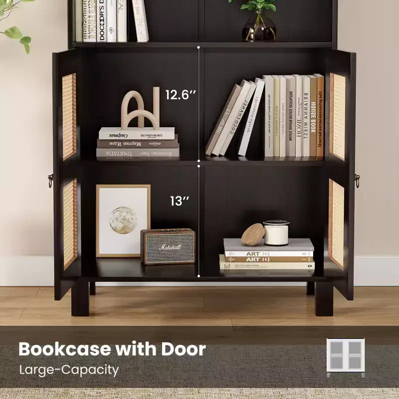 MAYEERTY Tall 5-Tier Bookcase with Rattan Doors, Wood Storage Shelves for Library Living Room Bedroom Home Office
