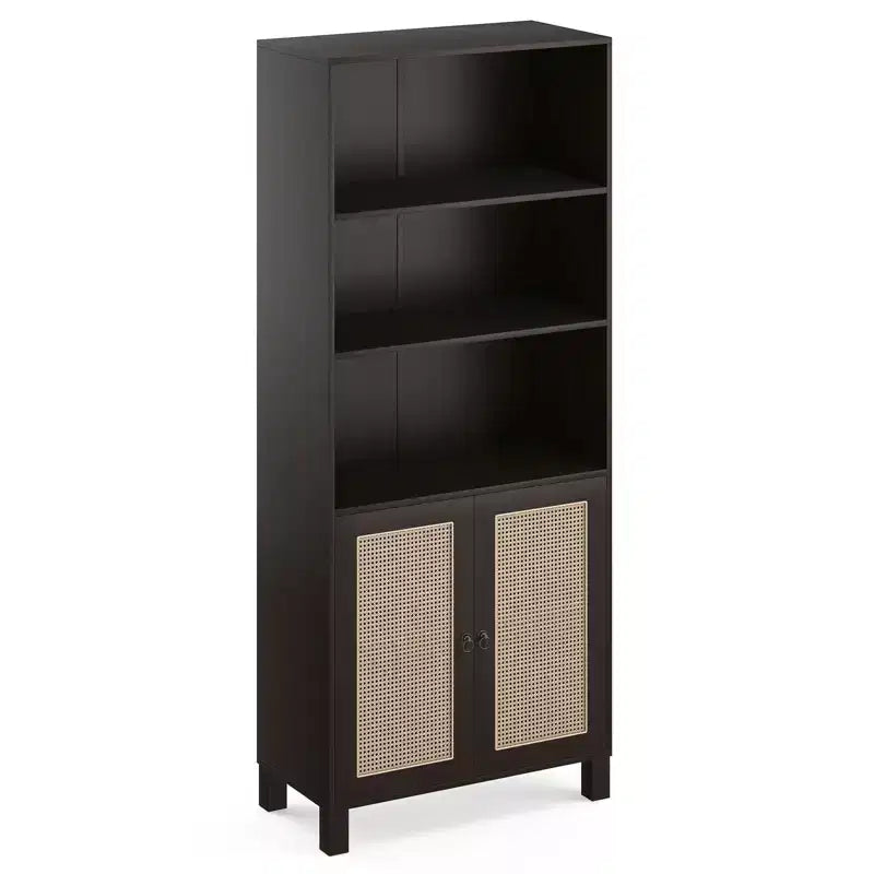 MAYEERTY Tall 5-Tier Bookcase with Rattan Doors, Wood Storage Shelves for Library Living Room Bedroom Home Office