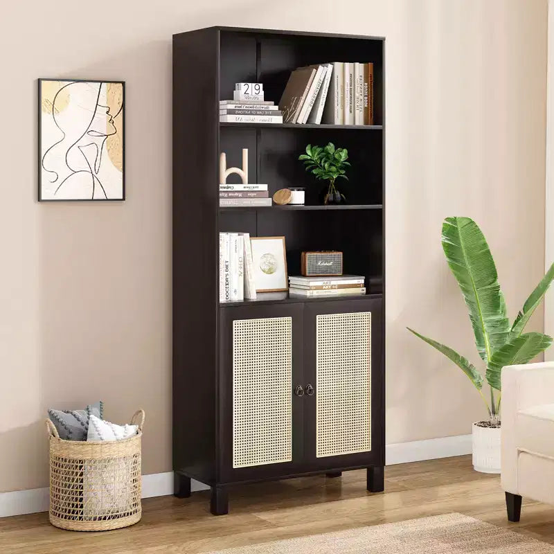 MAYEERTY Tall 5-Tier Bookcase with Rattan Doors, Wood Storage Shelves for Library Living Room Bedroom Home Office