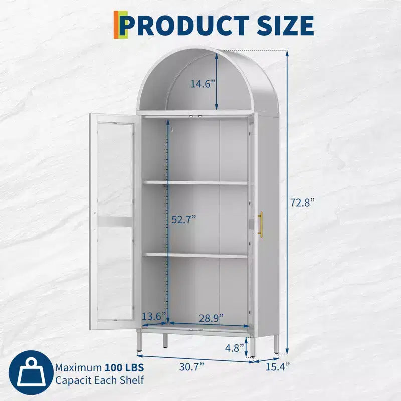 Arched Metal Entryway Cabinet, Door Pantry w/ 2 Adjustable Shelves,31x15x73
