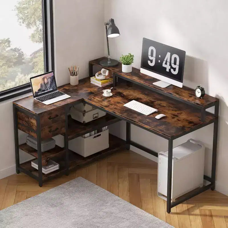 Lantine L-Shaped Desk with Drawers and Storage Shelves, 55 x 24 Inch Corner Computer Table with Monitor Stand for Home Office and Gaming, Small Space