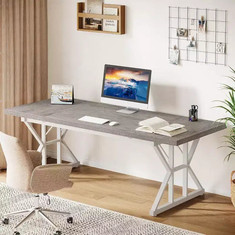 Lantine 70.86-Inch Large Executive Desk, Industrial Home Office Computer Desk, Simple Long Writing Study Table Business Furniture (Grey/White)