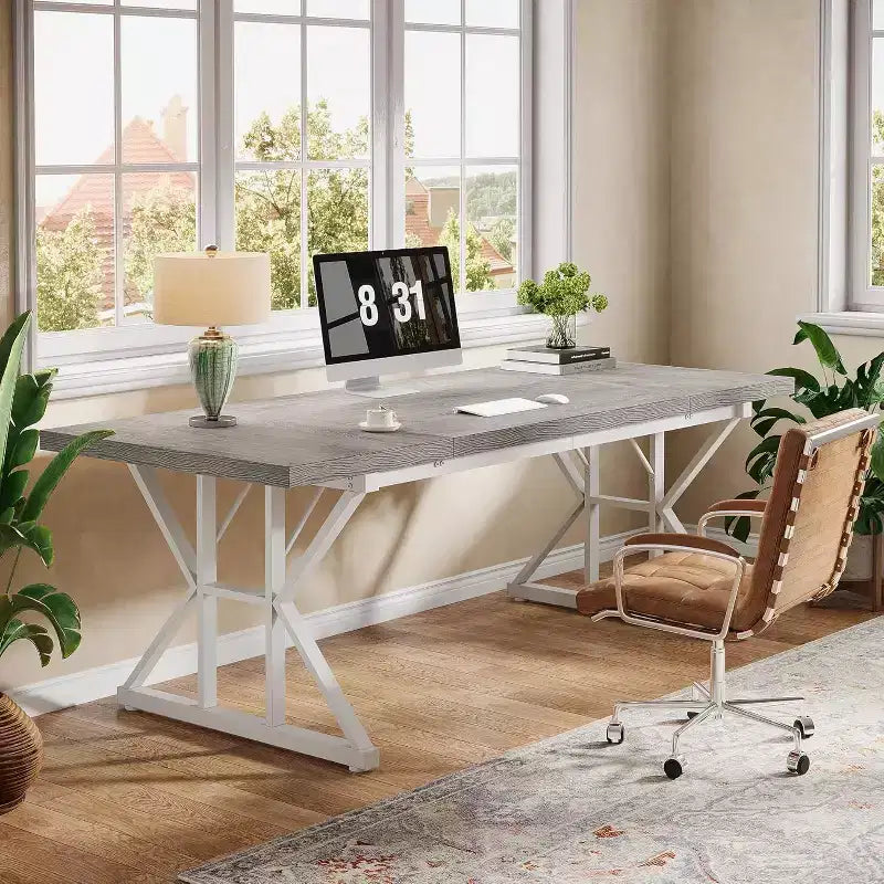 Grand bureau de direction de 180 cm, bureau d'ordinateur industriel pour la maison, longue table d'étude simple, mobilier de bureau (gris/blanc)