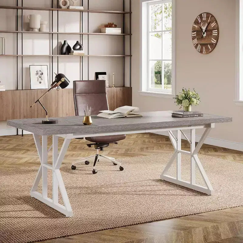 Grand bureau de direction de 180 cm, bureau d'ordinateur industriel pour la maison, longue table d'étude simple, mobilier de bureau (gris/blanc)