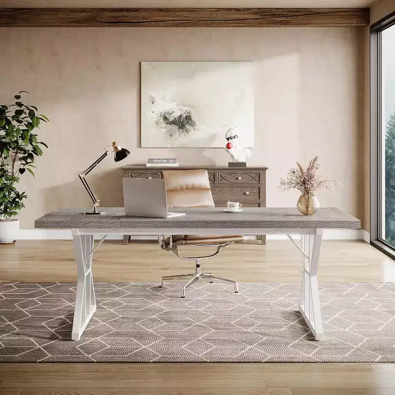 Grand bureau de direction de 180 cm, bureau d'ordinateur industriel pour la maison, longue table d'étude simple, mobilier de bureau (gris/blanc)