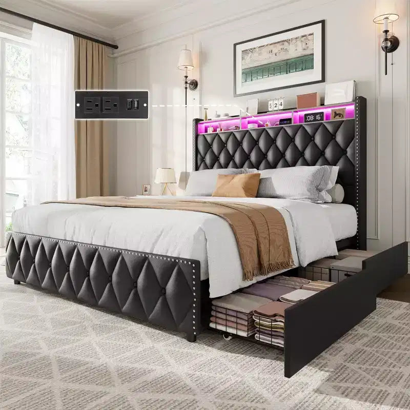 Bed Frame with Headboard, Platform Leather Upholstered Bed Frame with 4 Storage Drawers, Led Lights, No Box Spring Needed, Easy Assembly