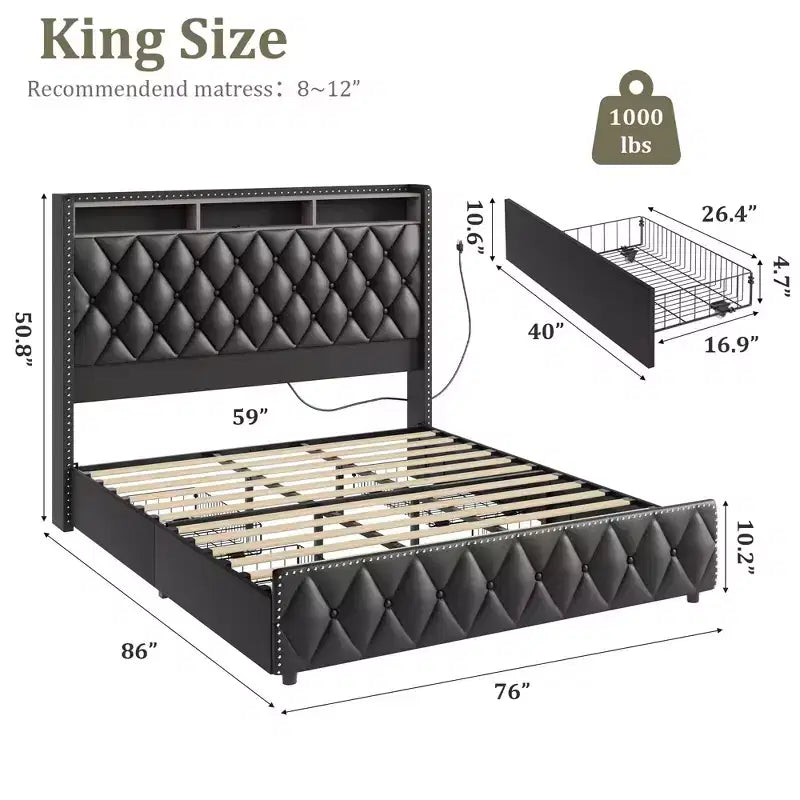Bed Frame with Headboard, Platform Leather Upholstered Bed Frame with 4 Storage Drawers, Led Lights, No Box Spring Needed, Easy Assembly