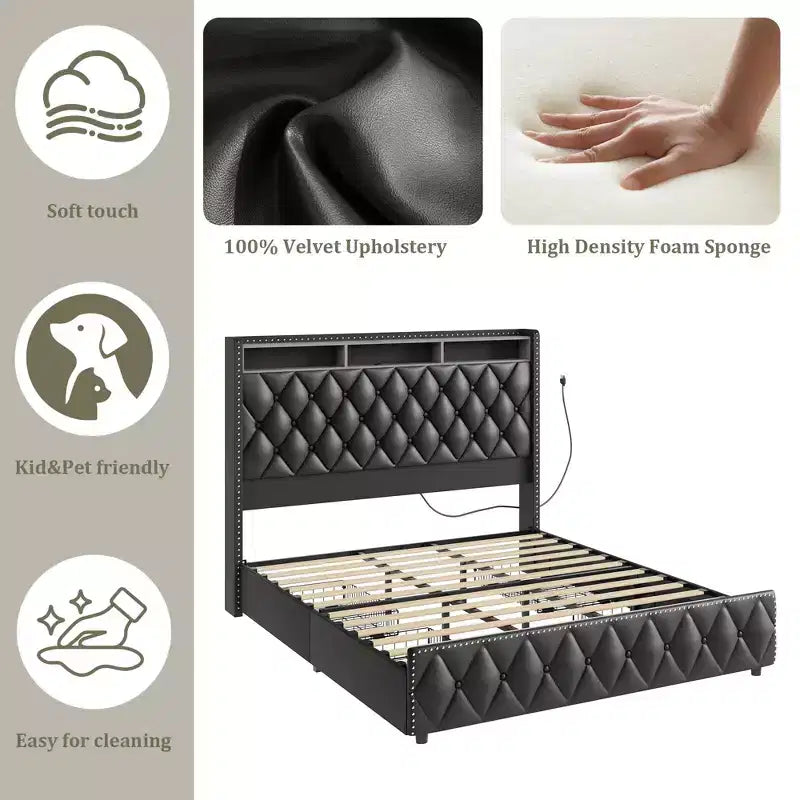 Bed Frame with Headboard, Platform Leather Upholstered Bed Frame with 4 Storage Drawers, Led Lights, No Box Spring Needed, Easy Assembly