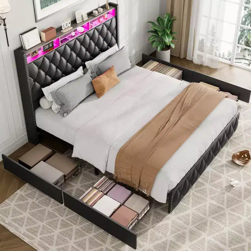 Bed Frame with Headboard, Platform Leather Upholstered Bed Frame with 4 Storage Drawers, Led Lights, No Box Spring Needed, Easy Assembly