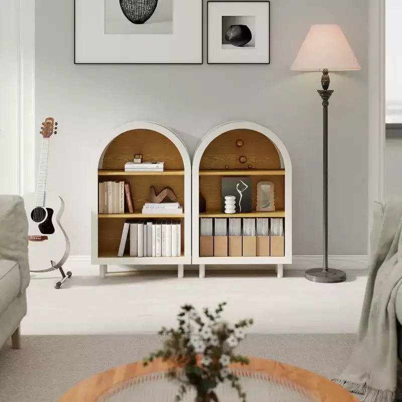 Arched Bookcase, Arched Storage Cabinet, Modern Wooden Arched Bookshelf with 3 Shelves, White with Wood Grain Shelves, 3-Tier Storage