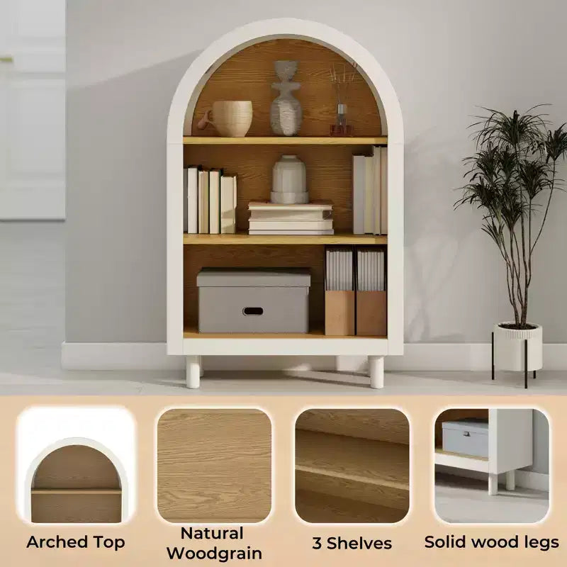 Arched Bookcase, Arched Storage Cabinet, Modern Wooden Arched Bookshelf with 3 Shelves, White with Wood Grain Shelves, 3-Tier Storage