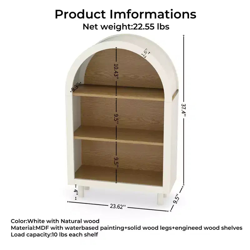 Arched Bookcase, Arched Storage Cabinet, Modern Wooden Arched Bookshelf with 3 Shelves, White with Wood Grain Shelves, 3-Tier Storage
