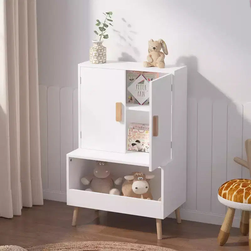 Bookshelf and Toy Storage Organizer, Toddlers Bookcase with Cubbies, Adjustable Wood Shelf with Drawer for Bedroom, Playroom, Nursery