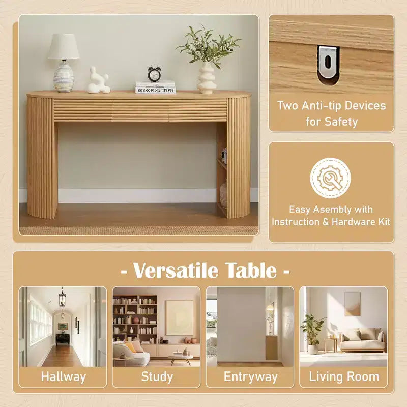 Polibi Fluted Console Table with 3 Drawers & Swap-Around Storage Leg Niche