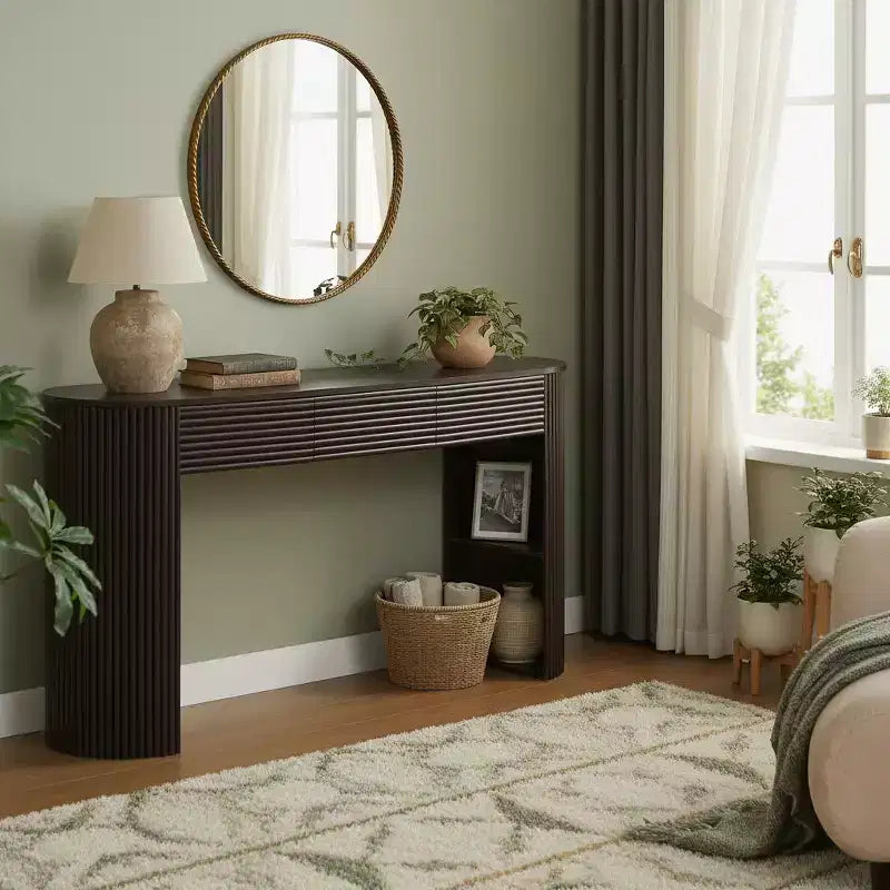 Polibi Fluted Console Table with 3 Drawers & Swap-Around Storage Leg Niche