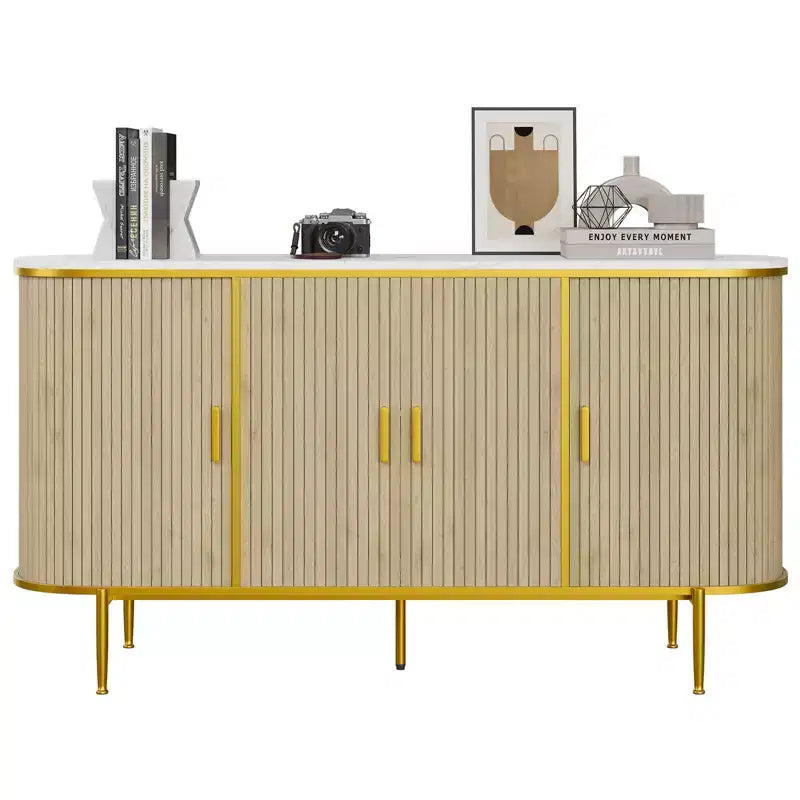 Sideboard Buffet Cabinet with Storage, Fluted Console Cabinet with Faux Marble Top, Mid Century Cabinets for Kitchen, Living Room, Entryway