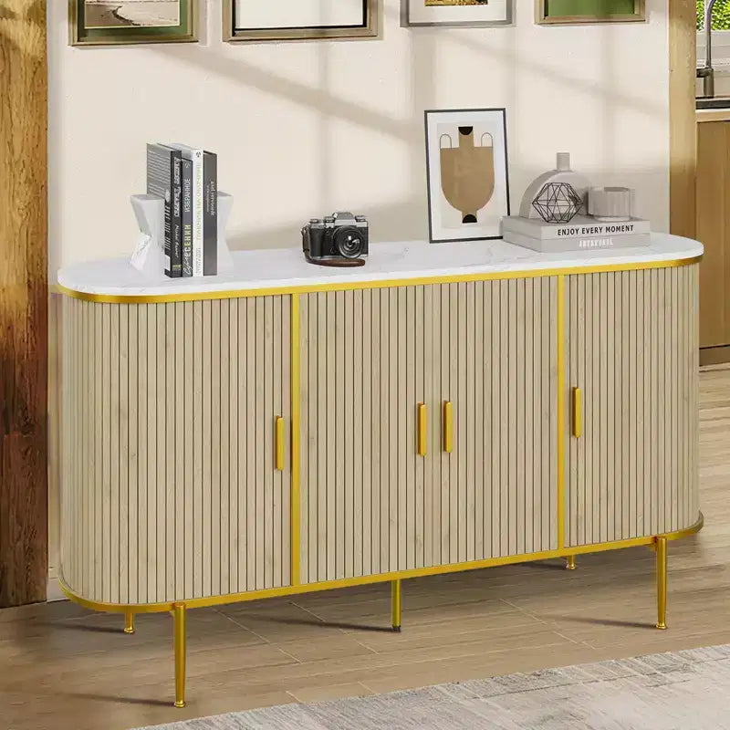 Buffet/Bahut avec Rangement, Console cannelée avec Plateau Effet Marbre, Meuble de Rangement Mid-Century pour Cuisine, Salon, Entrée