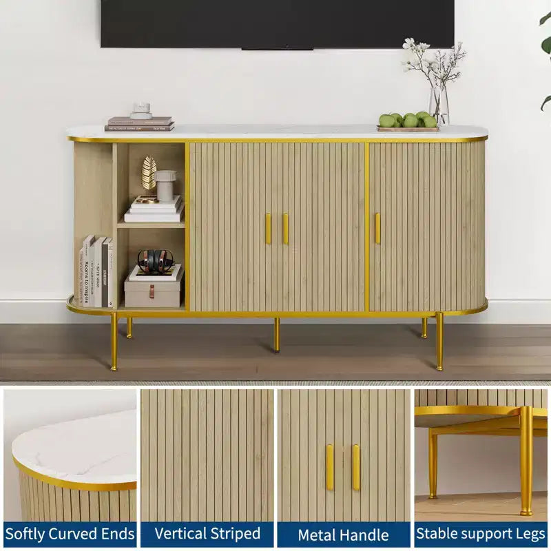Buffet/Bahut avec Rangement, Console cannelée avec Plateau Effet Marbre, Meuble de Rangement Mid-Century pour Cuisine, Salon, Entrée