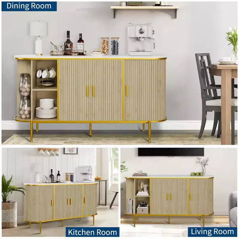Buffet/Bahut avec Rangement, Console cannelée avec Plateau Effet Marbre, Meuble de Rangement Mid-Century pour Cuisine, Salon, Entrée