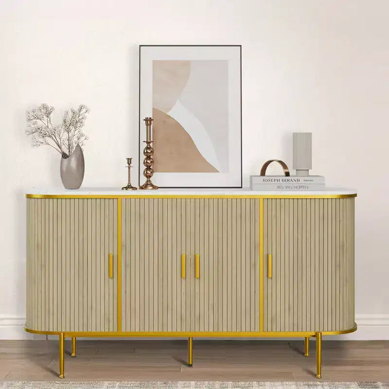 Buffet/Bahut avec Rangement, Console cannelée avec Plateau Effet Marbre, Meuble de Rangement Mid-Century pour Cuisine, Salon, Entrée