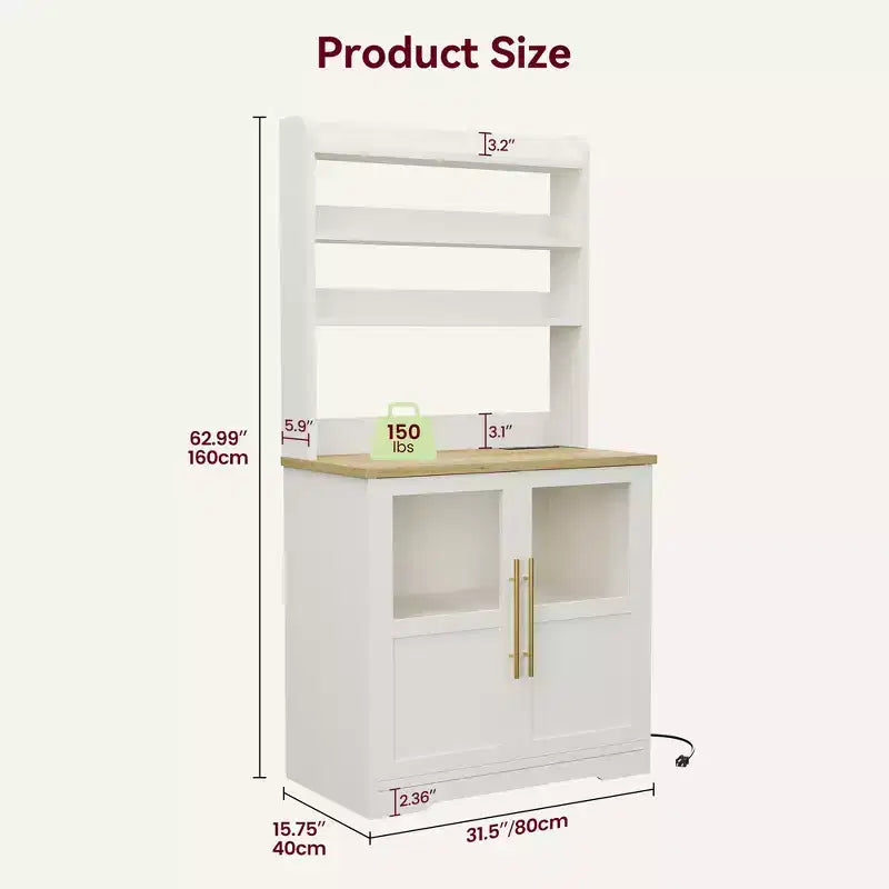 COZONY Bakers Rack with Power Outlet and 2 Glass Door, 63 Tall Farmhouse Wood Microwave Stand with Hutch & 3 Shelves, Coffee Bar Cabinet